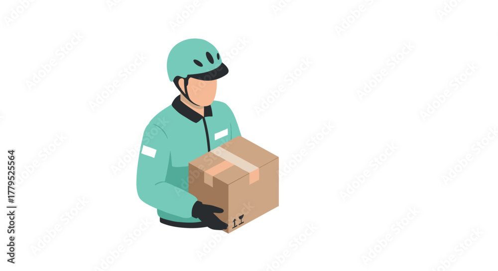 Obraz premium Delivery person carrying box in isometric style on white background