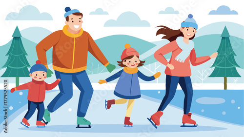 Happy family ice skating on a frozen pond in winter, A joyful winter recreation scene for togetherness and fun