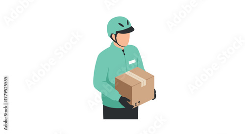Delivery person holding box in isometric style with safety gear