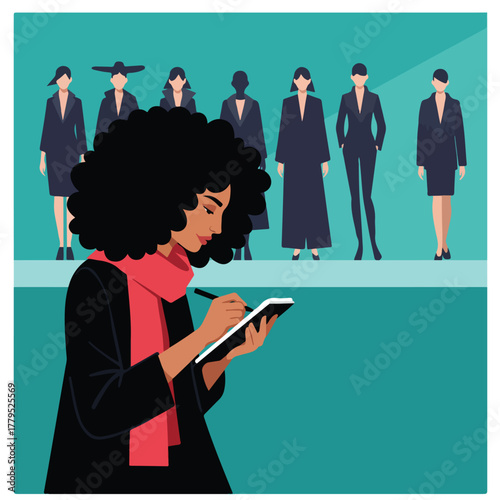 A fashion journalist takes notes at a runway show. Models in chic outfits, reporter with pen and pad