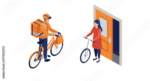 Isometric delivery rider on bicycle meeting woman with scooter at door