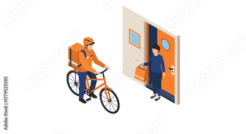 Food delivery service concept with cyclist courier and customer receiving order