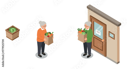 Elderly women grocery shopping isometric scene with door and produce box