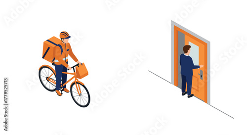 Isometric delivery cyclist approaching doorstep for parcel dropoff in urban setting