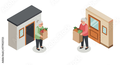 Elderly women with groceries entering and exiting homes isometric design