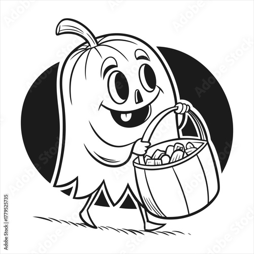 Cute cartoon pumpkin ghost holding a basket of treats for halloween
