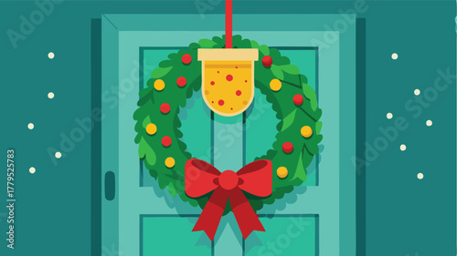 Festive Christmas Wreath Hanging on a Blue Front Door, Welcoming holiday spirit and seasonal cheer