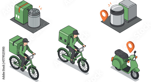 Isometric delivery icons package, bin, biker, scooter with location pins