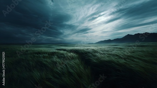 Dramatic stormy sky over a wind swept grassy field with distant mountains