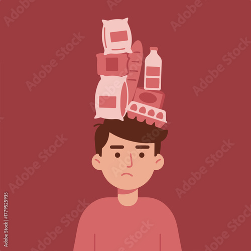 A person carries groceries balanced on their head, depicted in a monotone illustration. Shows a sad expression