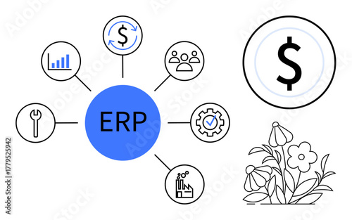 ERP central hub connected to icons for finance, analytics, teamwork, settings, and growth, emphasizing efficiency and monetary flow. Ideal for technology, management, finance automation teamwork