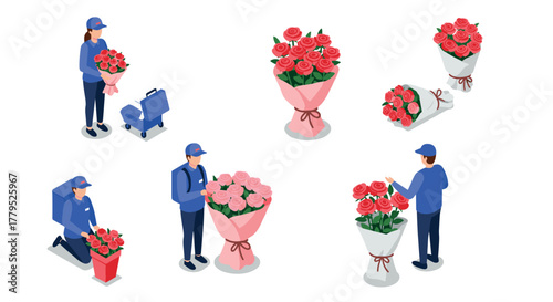 Florist delivery service with bouquets of roses in isometric style