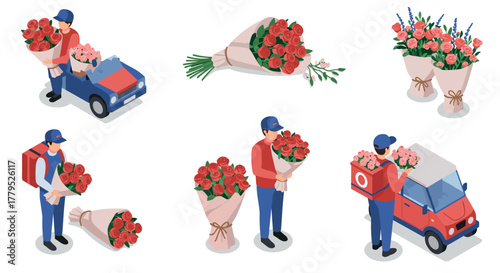 Isometric flower delivery service with bouquet and delivery van elements