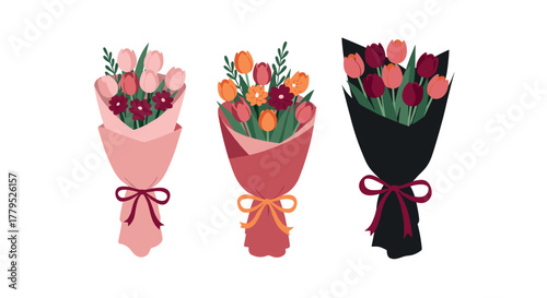 Elegant floral bouquets wrapped in paper with bows