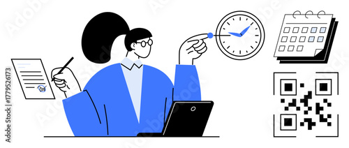 Person in formal attire writing on paper, pointing to clock, working on a laptop, and referencing a calendar and QR code. Ideal for time management, productivity, organization, deadlines, scheduling