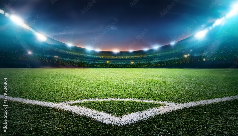 Obraz premium close up soccer field lines background soccer pitch grass football stadium ground view grass macro in sports arena with lights background