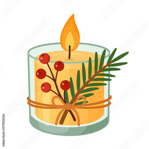 Burning candle. Yellow candle in glass with spruce branch and red berries. Hand drawn trendy flat style isolated. For stickers, posters, design. Relaxation, resting, aromatherapy. Vector illustration