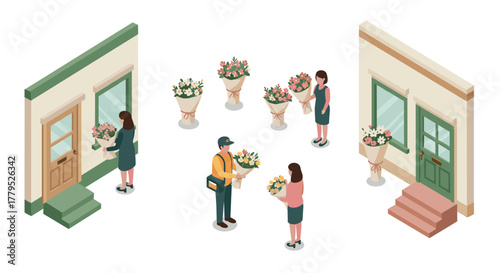 Floral delivery service isometric design with couriers and blooming bouquets
