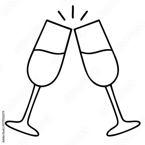 Champagne Toasting Glasses Vector Illustration. Outline Design. Coloring Book Page. SVG. Transparent Background. Printable Christmas Design.