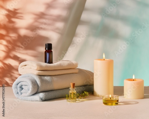 Symbolic visual imagination - Relaxing Spa Setting with Towels, Essential Oils, and Candles - creative concept