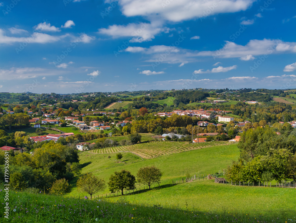 Obraz premium Panoramic view of Espelette in the French Basque Country, with red-roof houses, vineyards, and rolling green hills under a bright blue sky.