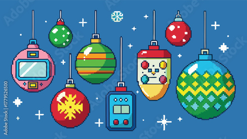 Pixel Art Christmas Ornaments with Electronic Gadget, Retro tech meets traditional festive cheer, a nostalgic digital holiday scene.