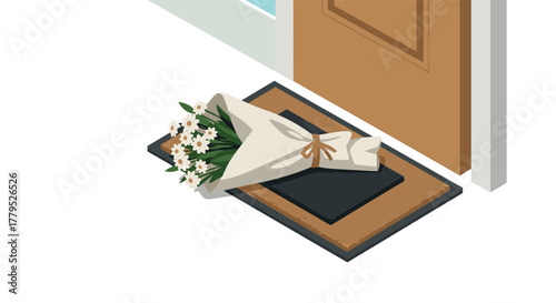 Isometric floral gift at doorstep embracing surprise and thoughtfulness
