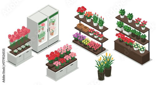 Isometric flower shop interior with shelves of colorful potted plants and refrigerated display