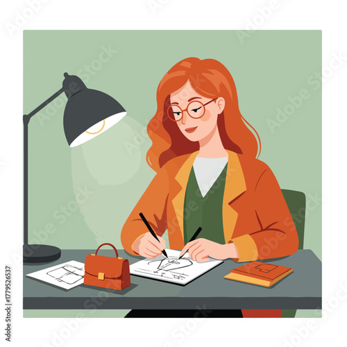 A redhead in glasses sketches on paper at a desk, illuminated by a lamp. Accessories include a purse and book