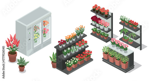 Isometric flower shop display with shelves and refrigerated case featuring colorful floral arrangements