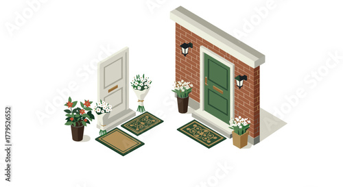Isometric front door designs with floral decor in brick and plain styles