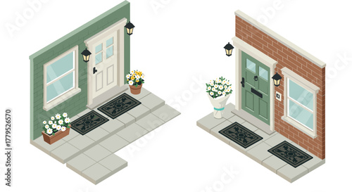 Charming isometric house entrances with flowers and lanterns