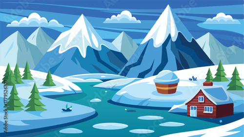 Cute winter landscape with a red house and giant candy cane, Snowy mountains and frozen lake
