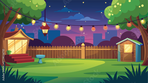 Cozy backyard garden at night with string lights, fence, and lamp post, Ideal for festive outdoor gatherings and serene evening relaxation