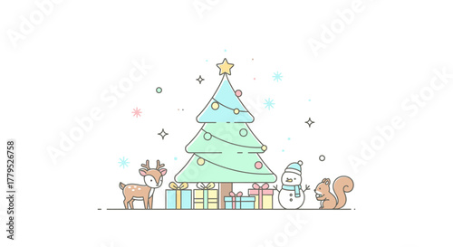 A charming minimalist illustration of a Christmas tree surrounded by gifts, a snowman, a deer, and a squirrel, set against a soft pastel background with sparkling stars.