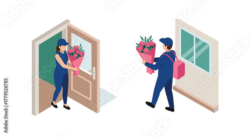 Isometric flower delivery person with bouquet enters and exits buildings