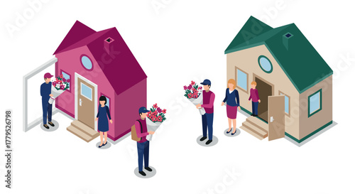 Isometric depiction of flower delivery at colorful houses