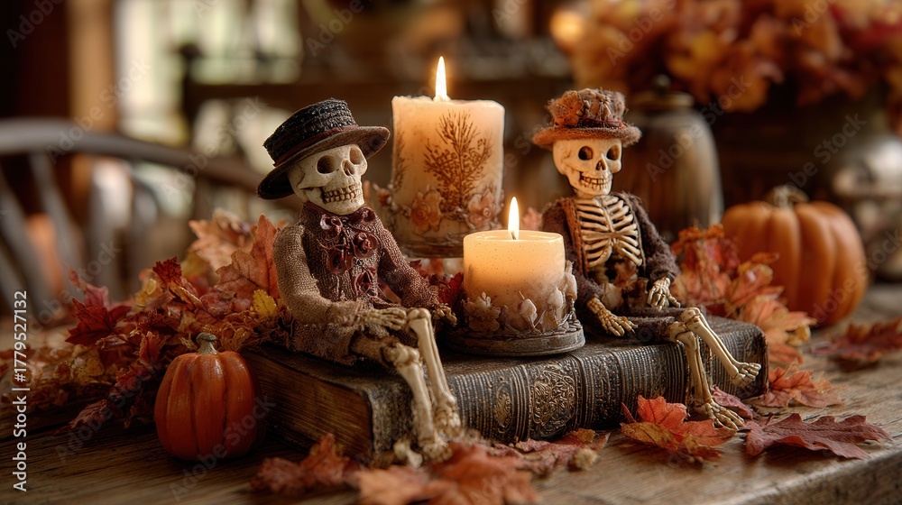 Fototapeta premium Charming Halloween vignette with skeleton figures and bright autumn decor