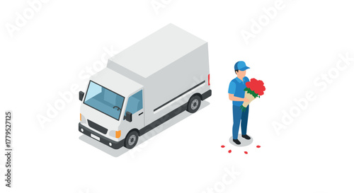 Isometric delivery van and florist with bouquet on white background