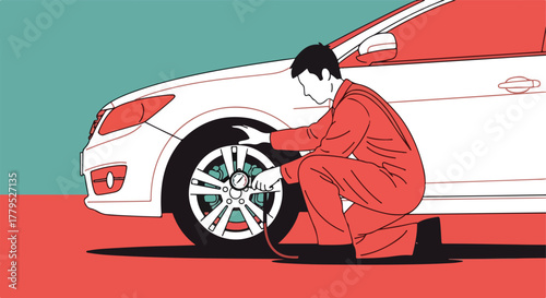 Mechanic checking tire pressure on a car, red jumpsuit, simplified style