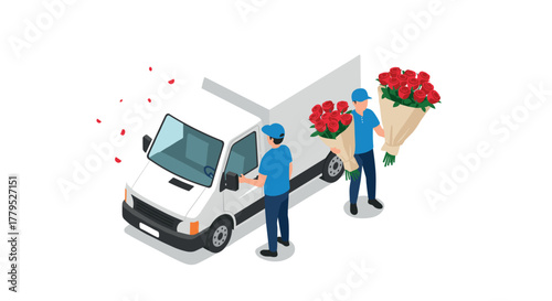 Flower delivery crew with van and bouquets in isometric view