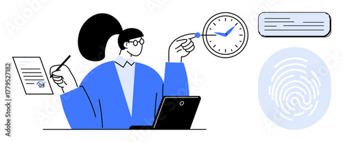 Person holding pen and document near laptop, pointing at clock with speech bubble and fingerprint. Ideal for productivity, organization, time management, technology, legal, digital identity, data