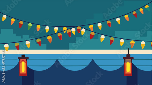 Illustrated house roof with festive string lights and banners, Celebrating a special evening under charming illumination