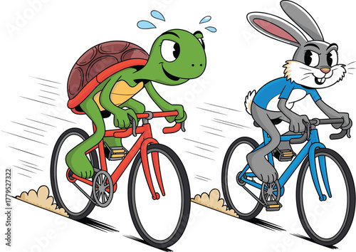 The Hare and the Tortoise Cycling Race Vector Illustration - Modern Fable of Speed vs. Perseverance