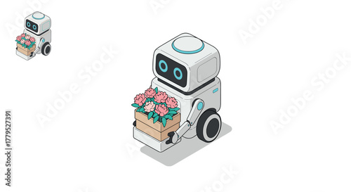 Cute isometric robot delivering flowers in a box