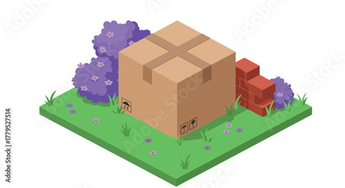 Isometric cardboard box on grass with purple bushes and red bricks
