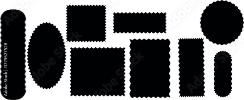 Collection of Black Starburst Shape Stamps and Labels Featuring Serrated Edges for Design and Promotional Material