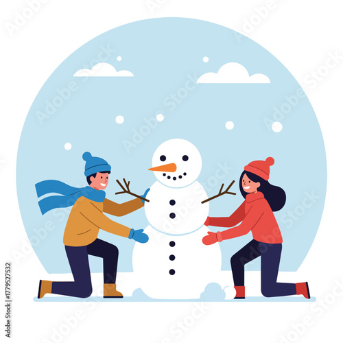 A joyful illustration shows a person and a woman building a snowman together in a winter scene