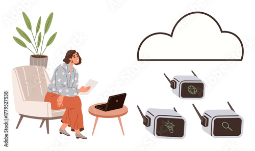 Woman seated on chair with laptop and paper, surrounded by wireless IoT devices linked to a cloud. Ideal for cloud computing, IoT, remote work, data management, innovation, technology, simple flat
