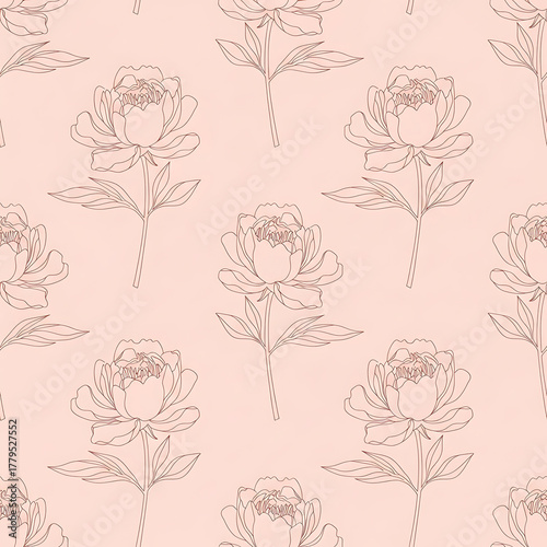 Seamless pattern of delicate rose line art on a soft peach background, elegant floral design